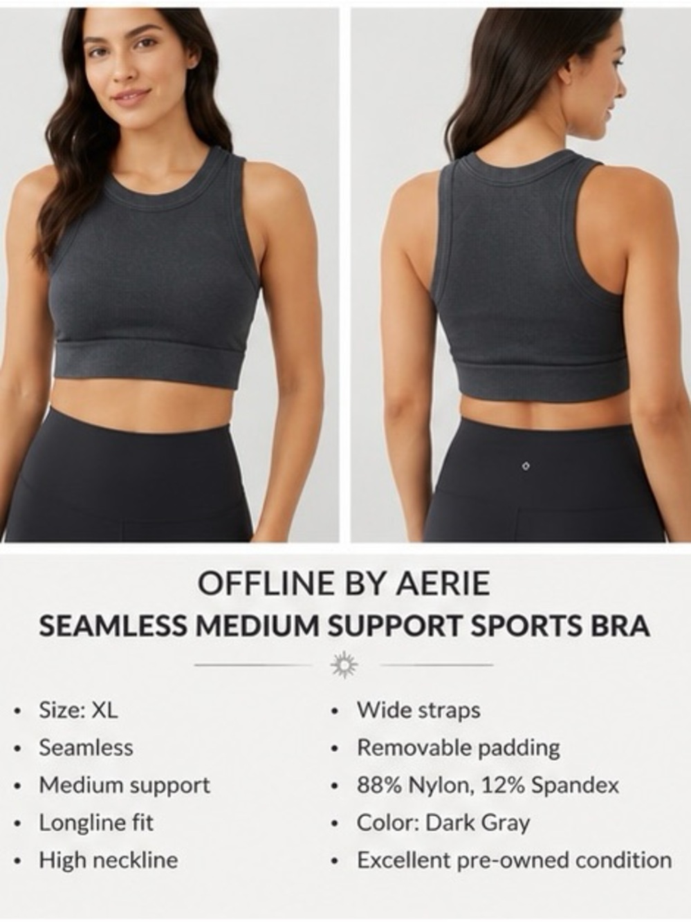 Aerie OFFLINE Seamless Medium Support Longline Sports Bra XL Black/Charcoal